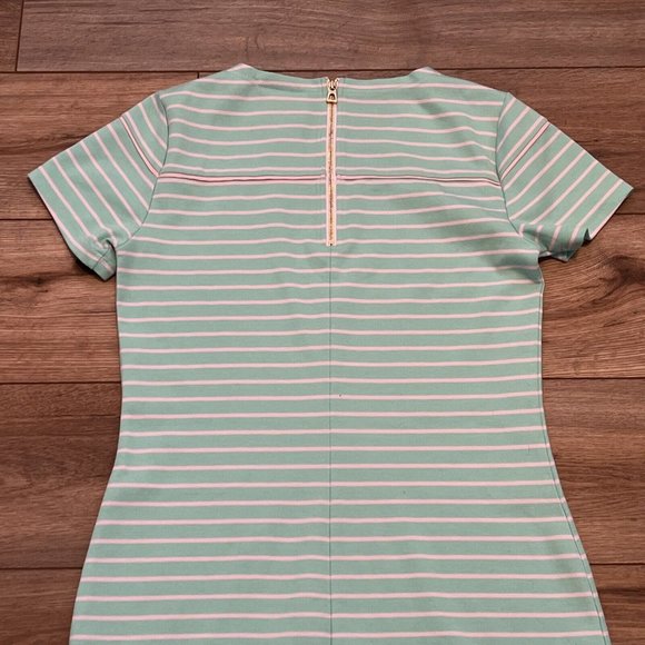 Sail To Sable Shift Dress SZ Small Short Sleeve Mint Green Stripe Gold Back Zip - Picture 9 of 10